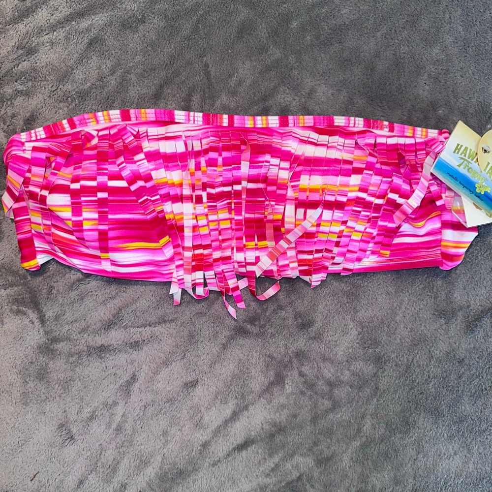 NOS Women's Large Hawaiian Tropic Fringe Bandeau Bathing Suit Top Pink/White/Yw